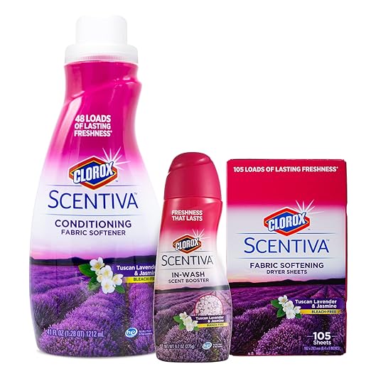 Clorox Scentiva Laundry Bundle in Tuscan Lavender & Jasmine Scent | Includes Clorox Scentiva Scented Dryer Sheets, Scent Booster Beads, and Fabric Softener