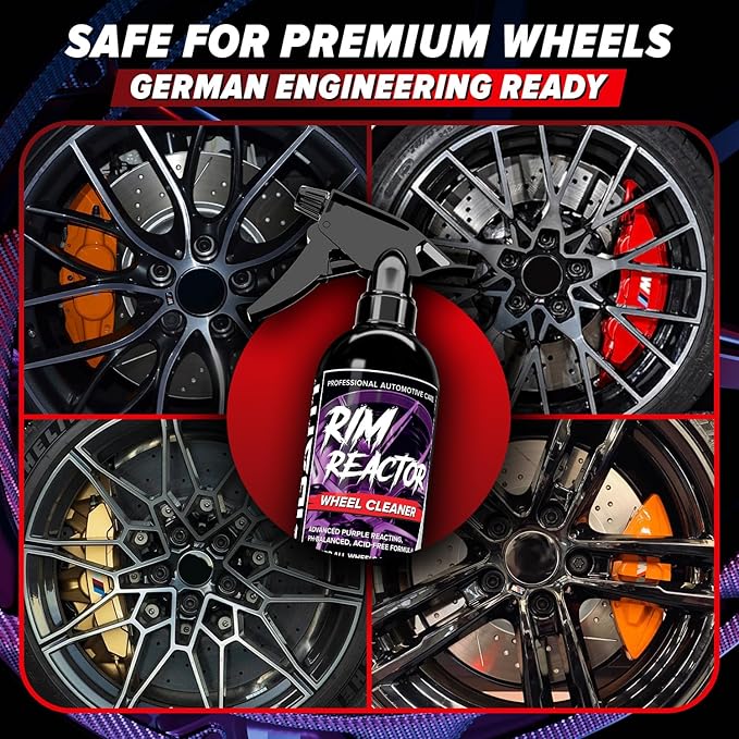 Carfidant Rim Reactor Wheel Cleaner Spray – No Scrub Formula with Purple Iron Remover Reaction – Removes Brake Dust & Grime – Safe for All Wheels (Aluminum, Chrome, Black) – pH Neutral – 16oz