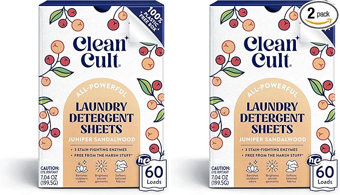 Cleancult Laundry Detergent Sheets - Resealable Box - 3 Stain Fighting Enzymes - Juniper Sandalwood - 60 Loads - Free of Harsh Chemicals - No Mess - No Plastic Waste (Pack of 2)