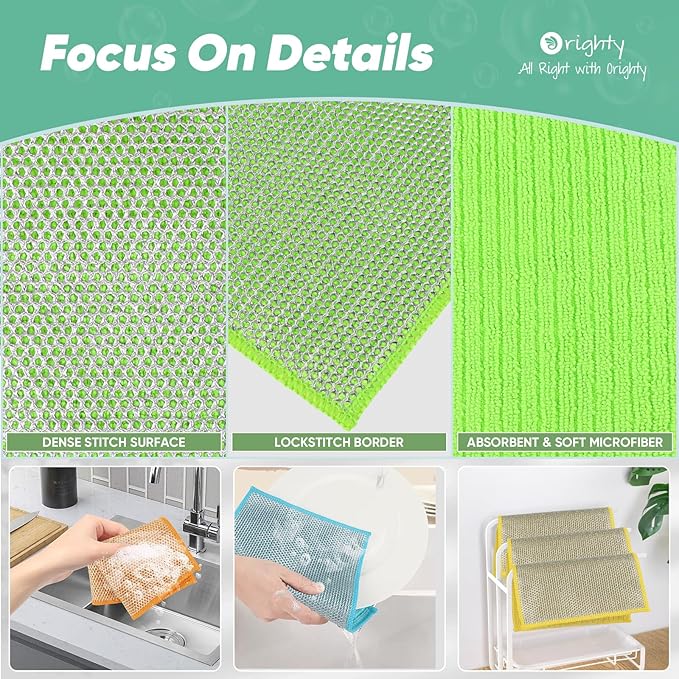 Orighty Multipurpose Wire Dishwashing Rag 24 Pcs, Upgraded Double-Layer Non-Scratch Wire Dish Cleaning Cloths, Kitchen Reusable Steel Scrubber, Powerful Dishcloth Rag for Cookware, Multicolor, 7"x8"