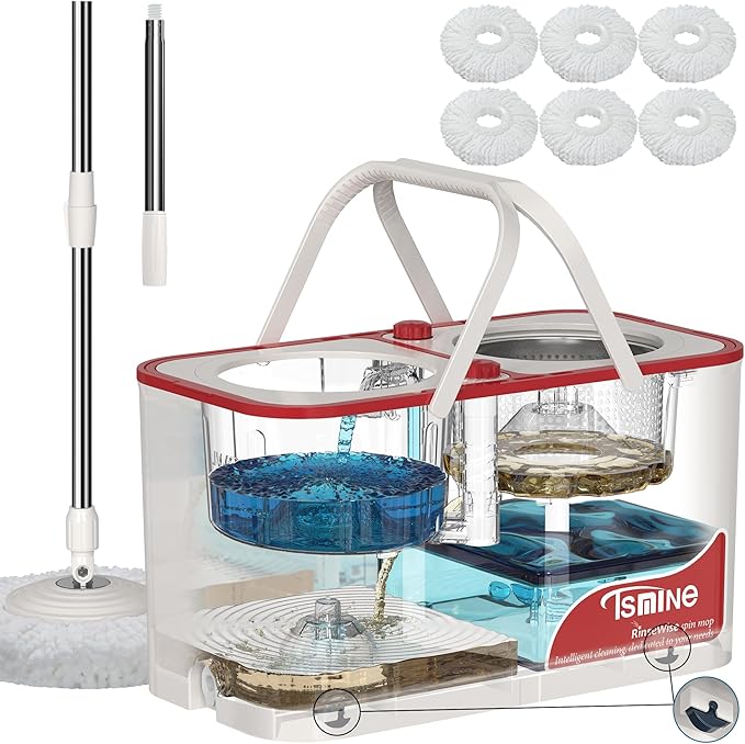 Spin Mop Bucket and FunClean Blue Mop Bucket with 12 Pcs Mop Heads