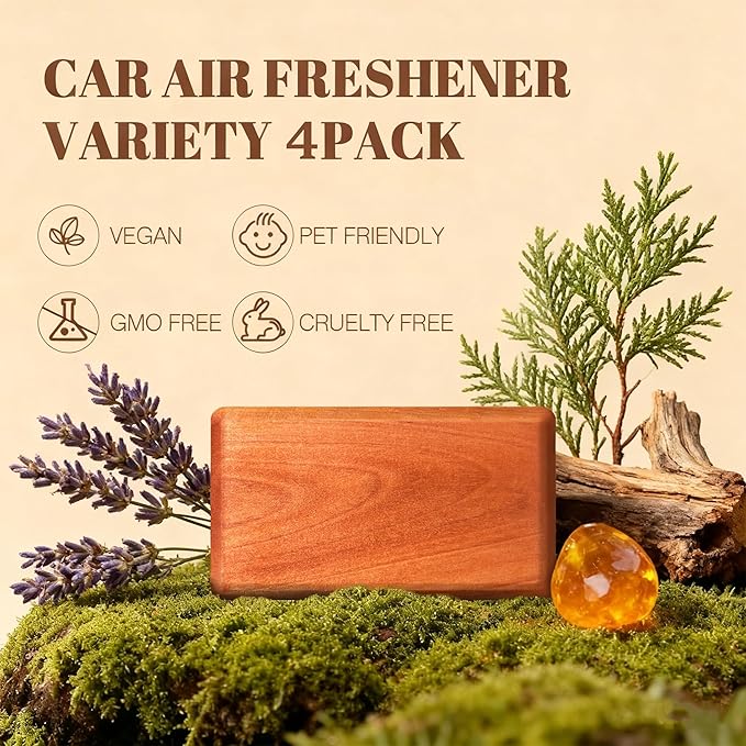 Car Air Freshener Starter Kit - Wood Car Freshener for Visor Clip - Long Lasting Scent - Car Odor Eliminator - CLIP INCLUDED (Amber-Teak-Lavender-Frosted Spruce)