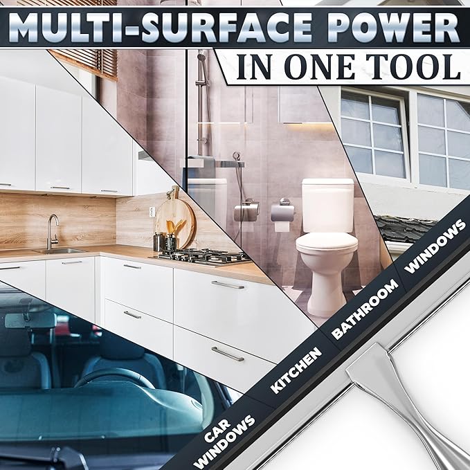 Shower Door Squeegee with Adhesive & Hanging Hooks, 12" Silicone Blade - Stainless Steel All-Purpose Squeegee for Shower Glass, Bathroom Mirror Cleaner Tool Suitable for Tile Walls - Multi-Surface Use