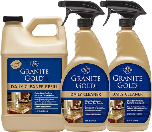 Granite Gold Daily Cleaner Spray Streak-Free Cleaning for Granite, Marble, Travertine, Quartz, Natural Stone Countertops, and Floors, 1 x 64 Fl. Oz. & 2 x 24 Fl. Oz., 3-Pack