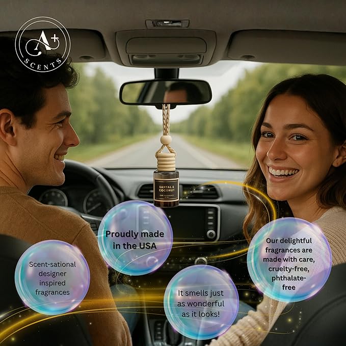 COCOA BUTTER CASHMERE - A warm, intriguing fragrance that combines sweet cocoa butter and coconut. - Lasts up to 60 days - Luxury Car Perfume A+ Scents Car Hanging Diffuser