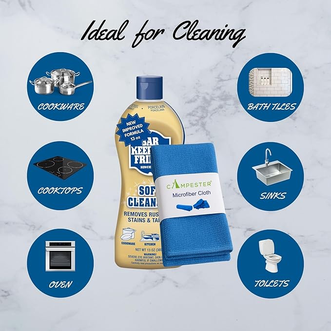 Campester Microfiber Cleaning Cloth Bundle for Bar-Keeper's Friend Soft Cleanser 13 Oz and Removes Rust, Lime Stains, Tarnish. Ideal for Stainless Steel, Ceramic, or Tile. Kitchens Or Bathrooms