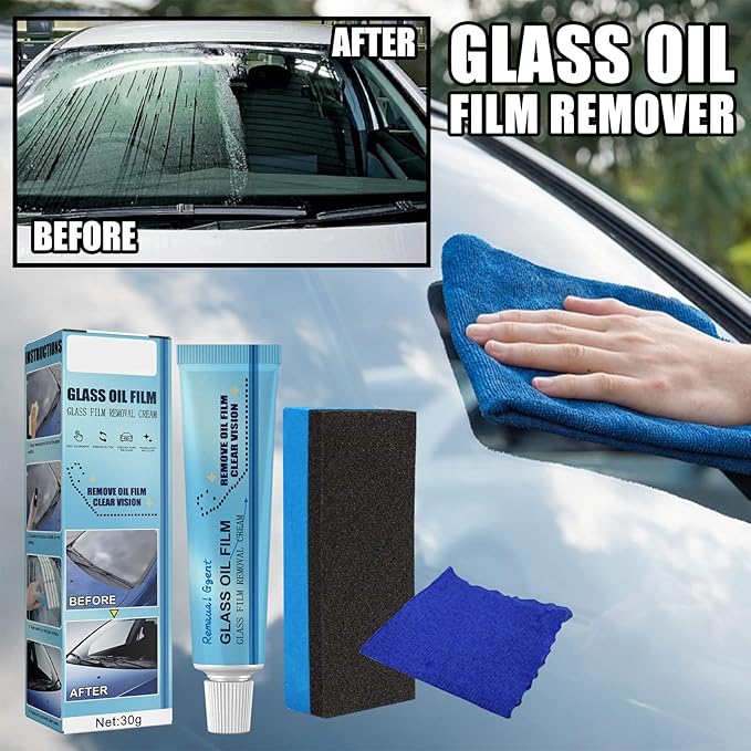 XIRUJNFD Car Glass Oil Film Cleaner, Water Spot Remover for Cars, Glass Film Removal Cream, Glass Oil Film Remover for Car (2 Set)