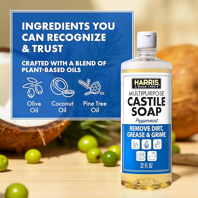 HARRIS Multi-Purpose Liquid Castile Soap for Home Cleaning, Use as Dish Soap, Laundry Detergent, Kitchen & Bathroom Surface Cleaner, Kids Room, 2 Pack of 32 Fl Oz with Microfiber Cloth (Peppermint)