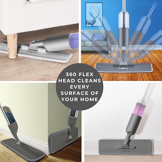 True & Tidy® SPRAY-250A Multi-Surface Spray Mop with Refillable Water Bottle, Use Any Cleaning Solution Easy to Fill and Refill with Machine Washable Mop Pad (Gray)