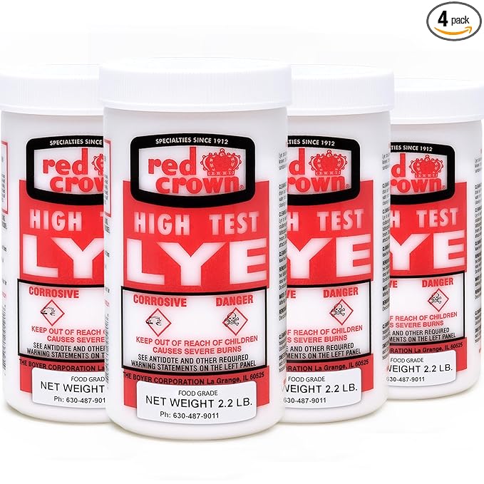 RED CROWN The Boyer Corporation Lye for Soap Making, Sodium Hydroxide Pure High Test Food Grade Lye, Caustic Soda, Drain Cleaner and Clog Remover, 4 Pack 2.2 lbs