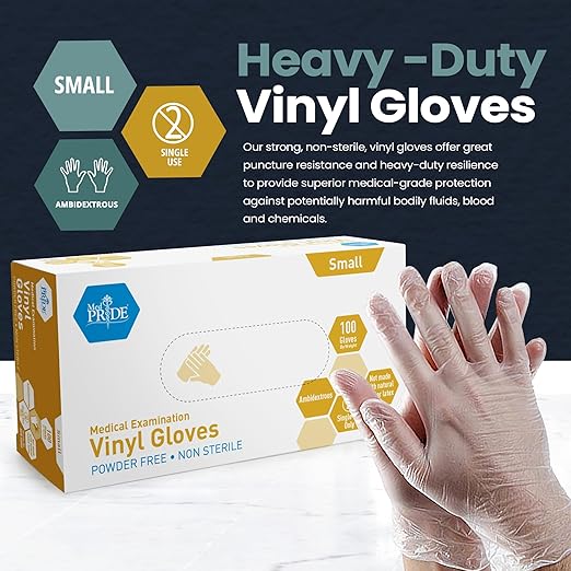 MED PRIDE Disposable Medical Grade Vinyl Exam Gloves, Latex & Powder Free, Ultra-Strong, for Healthcare & Food Handling (sMALL (Pack of 100) 100 Clear)