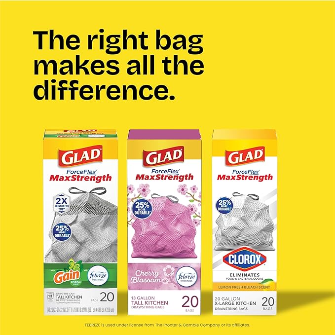 Glad ForceFlex MaxStrength Kitchen Trash Bags, 13 Gal, Bahama Bliss Febreze, 90 Ct (Pack May Vary)