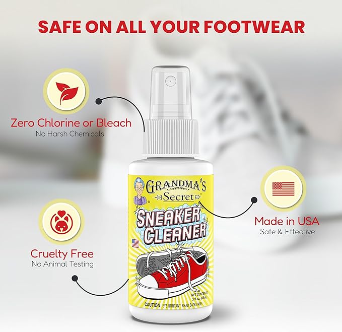 Grandma's Secret Shoe Cleaner - Stain Remover Spray for Rubber, Canvas and Leather - Removes Dirt, Grime and Grass - Sneakers Cleaner for Outdoor Shoes, Slippers and Moccasins 8 oz