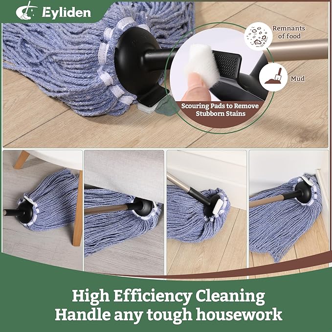 Eyliden String Mop, Cotton Mop with Wet & Dry Non-Touch Replacement, 2 Reusable Heads, 4 Scouring Pads, Adjustable Handle, Home Commercial Floor Cleaning Tools for Tile, Wood, Concrete Surfaces (Blue)