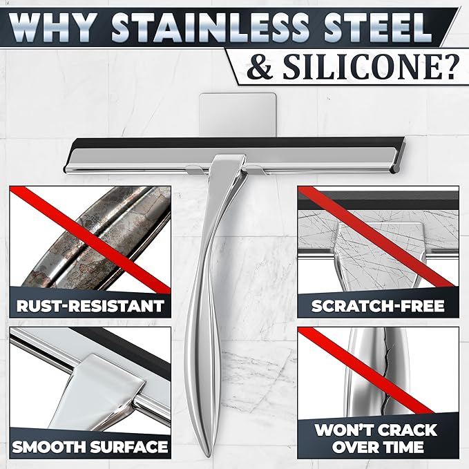 Shower Door Squeegee with Adhesive & Hanging Hooks, 12" Silicone Blade - Stainless Steel All-Purpose Squeegee for Shower Glass, Bathroom Mirror Cleaner Tool Suitable for Tile Walls - Multi-Surface Use