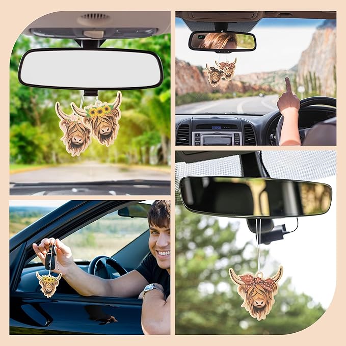 ANGOLIO 4Pcs Highland Cow Air Freshener Car Hanging Gifts for Women Funny Highland Cow Print Car Accessories Hanging Ornament Vent Decoration Aromatic for Party Supplies Cute Aromatic Accessories