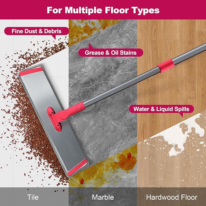 JOYMOOP 18 Inch Dust Mop for Hardwood Floors, Heavy Duty Industrial Wet Dry Mops with Telescopic Handle, Includes 3 Microfiber Mop Pads - Red-Grey
