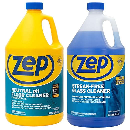 Zep Neutral pH Floor Cleaner Concentrate 1 Gal (1 Unit) and Zep Streak-Free Glass Cleaner 1 Gal (1 Unit) ECBD044 - Professional Floor and Glass Cleaning Bundle for Hard Floors, Windows, & Mirrors