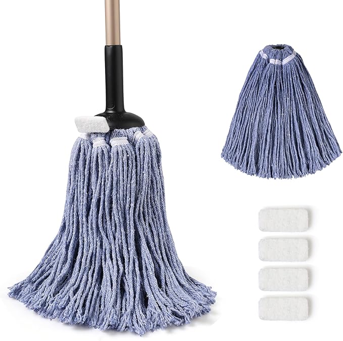 Eyliden String Mop, Cotton Mop with Wet & Dry Non-Touch Replacement, 2 Reusable Heads, 4 Scouring Pads, Adjustable Handle, Home Commercial Floor Cleaning Tools for Tile, Wood, Concrete Surfaces (Blue)