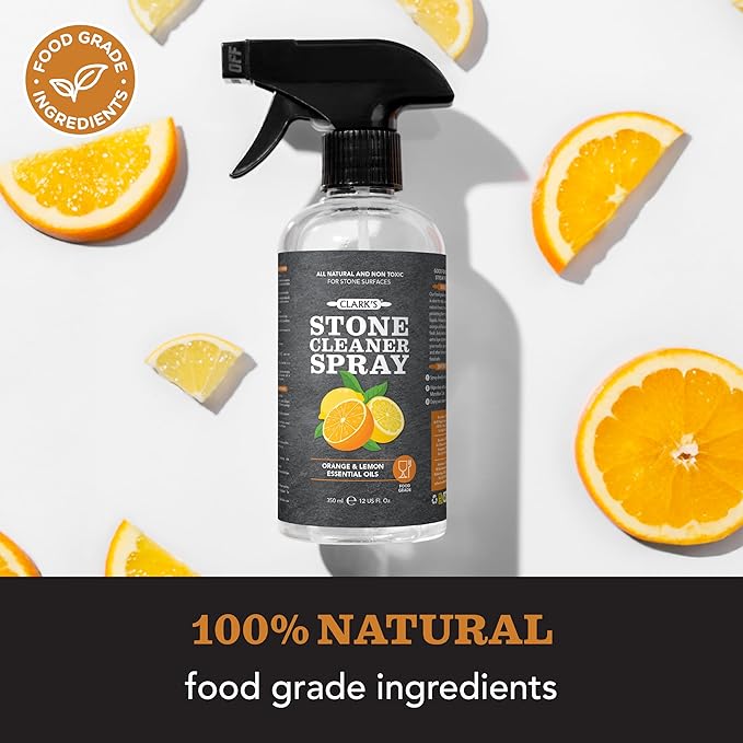 CLARK'S Natural Stone Spray Cleaner, with Microfiber Cloth for Soapstone, Granite, Quartz, Marble, & other Countertop Surfaces – Pure Ingredients to Keep Stone Protected, Citrus Oil Extracts, 12oz