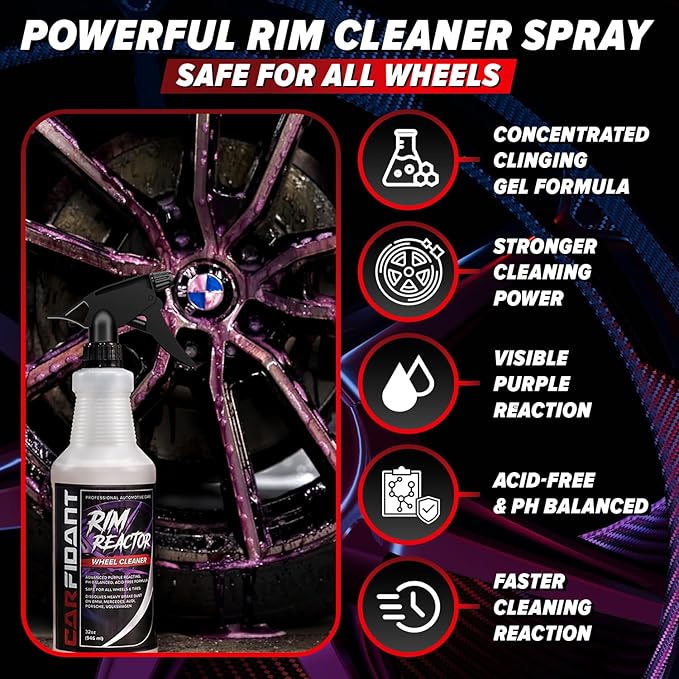 Carfidant Rim Reactor Wheel Cleaner Spray – No Scrub Formula with Purple Iron Remover Reaction – Removes Brake Dust & Grime – Safe for All Wheels (Aluminum, Chrome, Black) – pH Neutral – 16oz