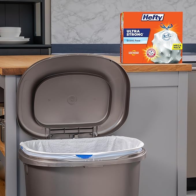 Hefty Ultra Strong 13 Gallon Trash Bags, Tall Kitchen Trash Bags 13 Gallon Size, Drawstring Closure, Continuous Odor Control, White, Unscented, 80 Bags