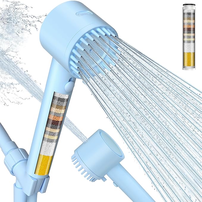 Cobbe Filtered Shower Head with Handheld, High Pressure 5-mode Showerhead with Filters, Built-in Power Wash for Hard Water - Remove Chlorine - Reduces Dry Itchy Skin, Blue