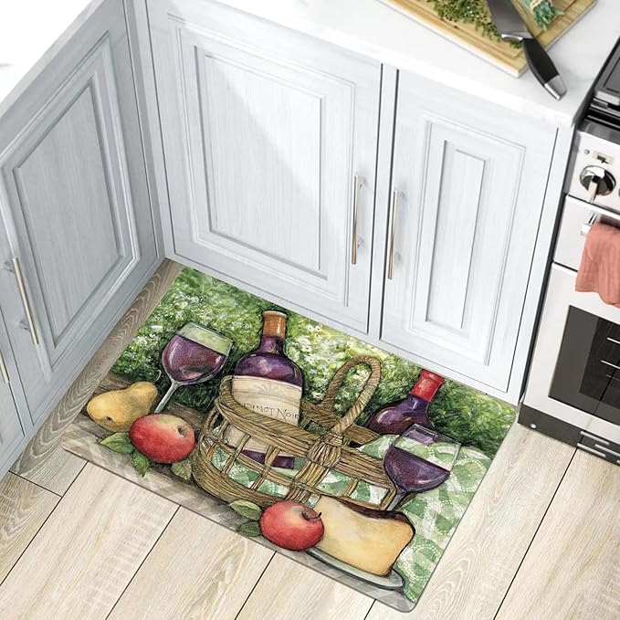 Wine Theme Kitchen Mats for Floor Vintage Kitchen Rug Non Slip Cushioned Comfort Standing Mat, 3x5ft/36x60in
