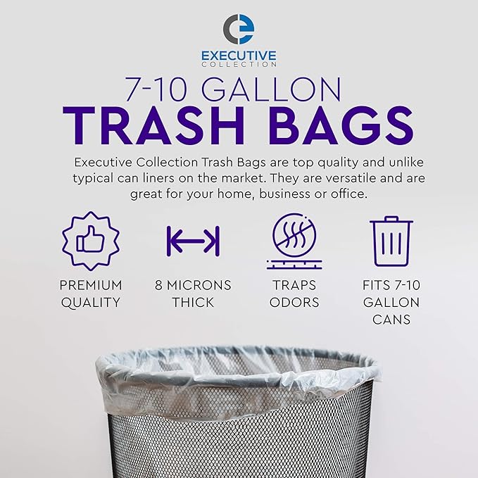 Clear 7-10 Gallon Trash Bags, 1,000 Bulk Pack - Medium Size Garbage Bin Liners for Office, Bedroom and Kitchen Wastebasket Cans - by Executive Collection