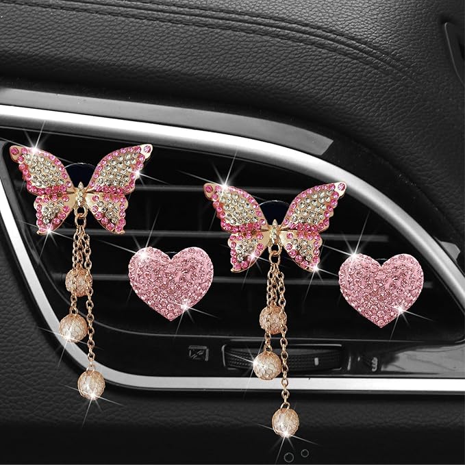 Pink Heart & Butterfly Air Vent Clips, 4 Pcs Bling Heart & Butterfly Air Fresheners Vents Clips Diamond Car Interior Decor Bling Cute Pink Car Accessories Decoration for Women + Heart Mask Hook