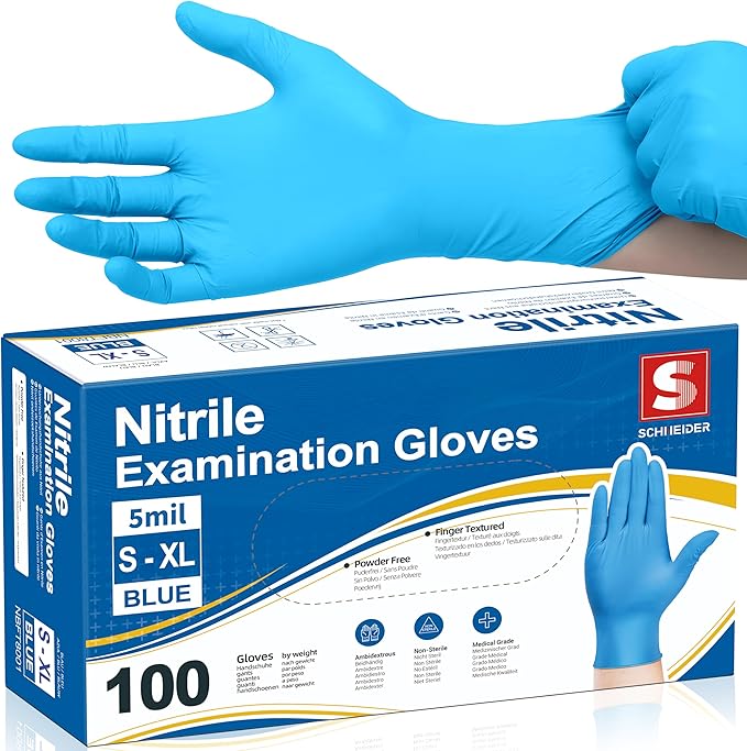 Schneider Nitrile Exam Gloves, 5 Mil, Blue, Latex-Free & Powder-Free Disposable Gloves, Textured Grip, for Medical Exam