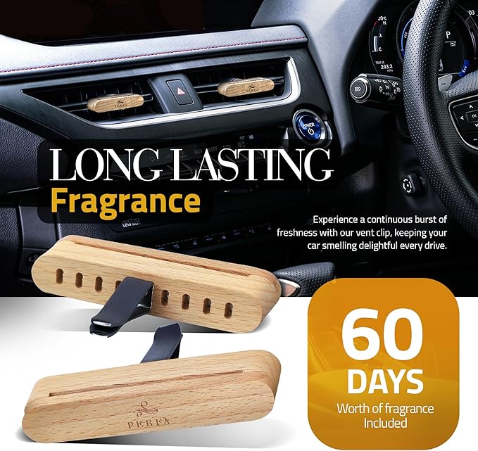 Premium Wooden Car Air Freshener Vent Clip | Box of 7 Scents Long Lasting Car Air Freshener with Magnetic Clip | Infused with Essential Oils | 60 Days' Worth of Car Scents by Perfa