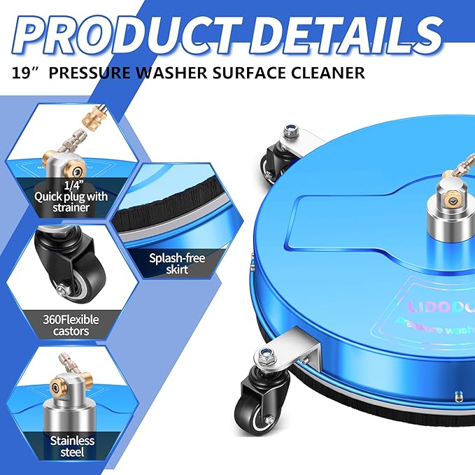 19'' Pressure Washer Surface Cleaner with 4 Wheels - Stainless Steel Surface Cleaner for Pressure Washer Attachment for Concrete, Driveway, Patio, Sidewalk, Deck and Driveways (19 INCH Blue)