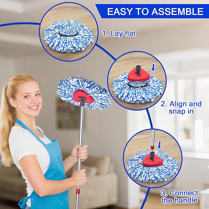 JEHONN Spin Mop Replacement Heads, Base, Handle for O-Cedar EasyWring 1 Tank System, Includes 2 Microfiber Refills, 1 Triangle Cover and 58 inches Long Pole for Cleaning Bathroom Kitchen Tile Floor