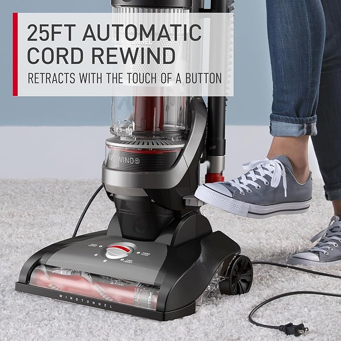 Hoover WindTunnel Cord Rewind Pro Bagless Upright Vacuum Cleaner, For Carpet and Hard Floors, UH71300V, Black, UH71300 (Renewed)