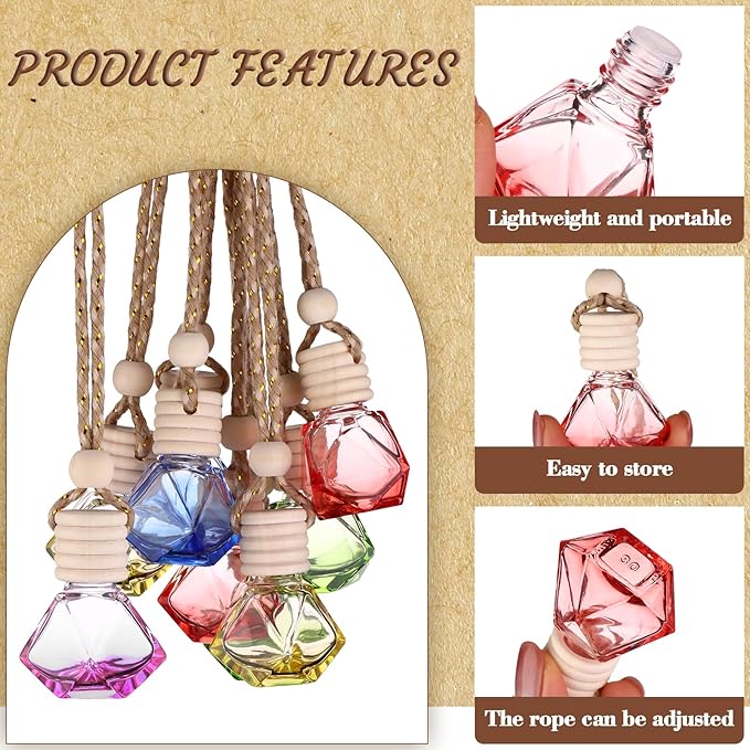 60 Pcs 8ml Hanging Car Air Freshener Diffuser Empty Clear Glass Essential Diffuser Oil Aromatherapy Fragrance Perfume Bottle with Wooden Cap for Car Home Office