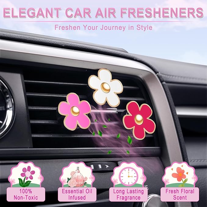 LivTee 6 Pack Cute Daisy Flower Car Vent Clips, Air Freshener Car Accessories, Air Vent Clips for Women and Girls, Flower Vent Clips for Car Interior Decoration(3cm, 3.3cm, Red, Pink, White)