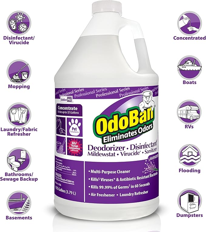 OdoBan Professional Disinfectant and Odor Eliminator Concentrate, Made in the USA, Lavender Scent, 1 Gallon