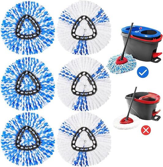 KEEPOW RinseClean Spin Mop Replacement Head, 6 Pack Microfiber Mop Refills Compatible with EasyWring RinseClean 2 Tank System for Floor Cleaning, Blue and White