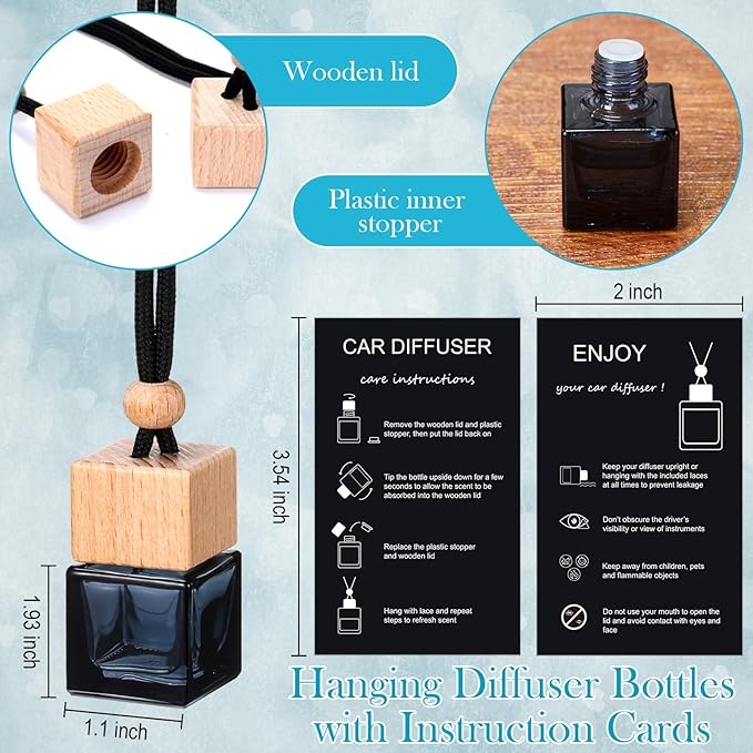 Boao 15 Sets Hanging Car Air Freshener Diffuser Bottles Empty Bulk with Car Diffuser Instruction Cards Organza Bags Glass Refillable Essential Oil Fragrance Aromatherapy Pendant (Square)