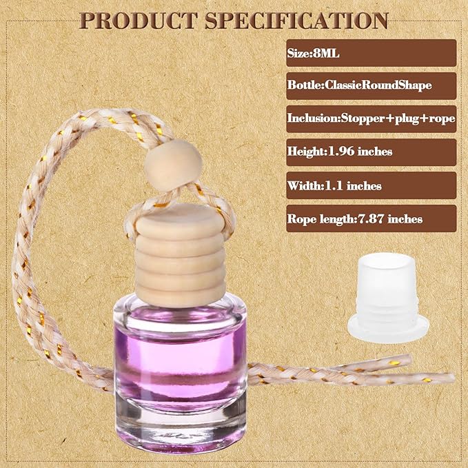 210Pcs 8ml Hanging Car Air Freshener Diffuser Cylindrical Empty Clear Glass Essential Diffuser Oil Aromatherapy Fragrance Perfume Pendant Glass Vial with Wooden Caps Hanging String Car Diffuser Bottle