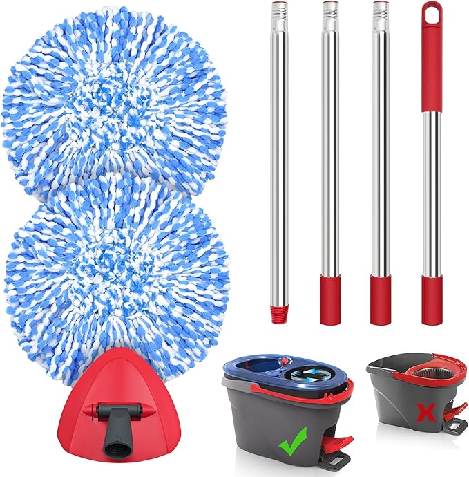 JEHONN Spin Mop Replacement Heads, Base, Handle for O-Cedar EasyWring 1 Tank System, Includes 2 Microfiber Refills, 1 Triangle Cover and 58 inches Long Pole for Cleaning Bathroom Kitchen Tile Floor