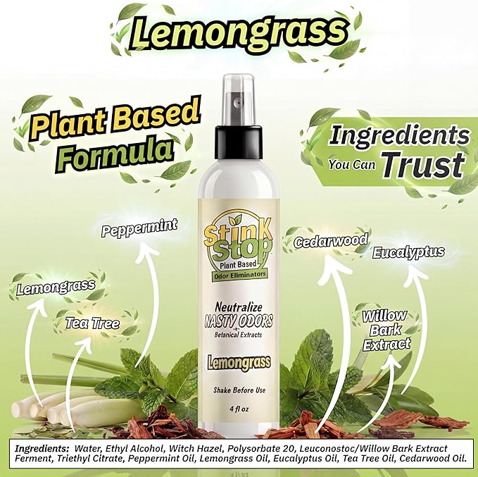 Plant Based Odor Eliminator: Neutralizing Spray - Refresh Stubborn Stinky Odors w/Botanical Extracts Area Deodorizer, Post Poop Spray & Car Interior Funk Freshener (4 fl oz, Lemongrass)