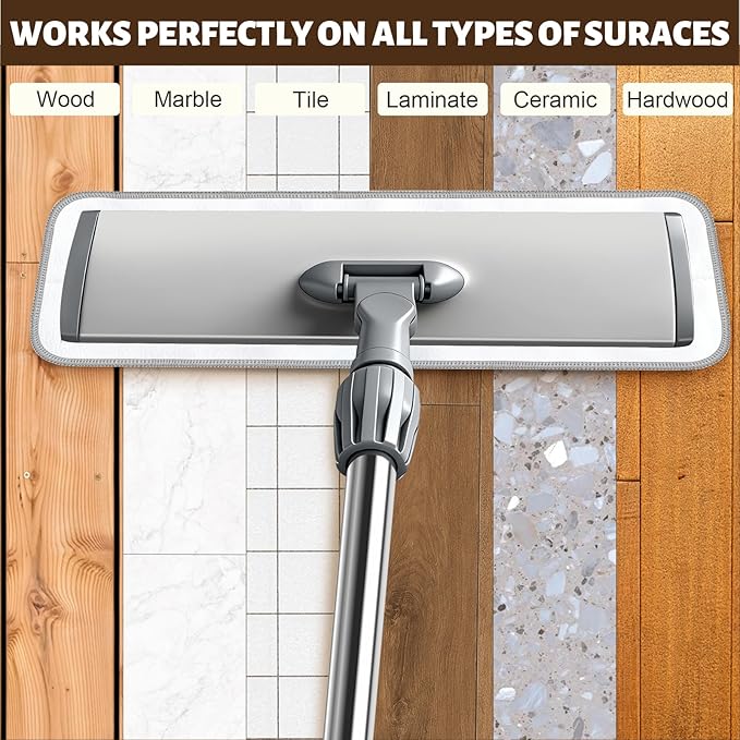 17.7" Microfiber Mop for Floor Cleaning, 59in Long Adjustable Stainless Steel Handle, 360° Rotating Large Flat Mops, 4 Washable Pads for Dry & Wet Cleaning for Hardwood, Vinyl, Laminate, Grey