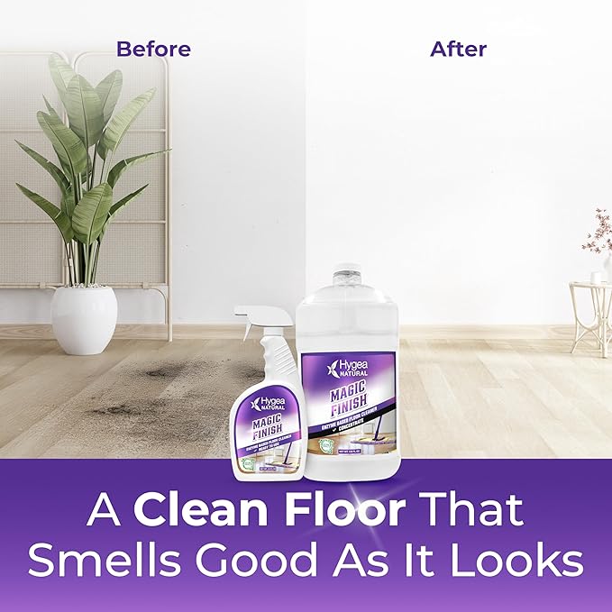 Hygea Natural Magic Finish Enzyme-Based Floor Cleaner - Clean Formula - Removes Grease Buildup in Tile & Grout - for All Hard Floors (Ready to Use 24oz + Concentrated Gallon)