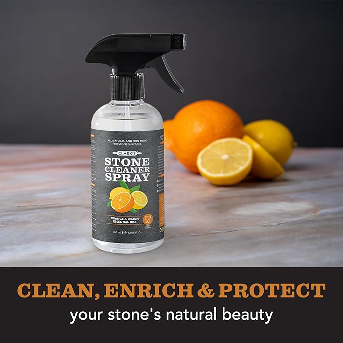 CLARK'S Natural Stone Spray Cleaner, with Microfiber Cloth for Soapstone, Granite, Quartz, Marble, & other Countertop Surfaces – Pure Ingredients to Keep Stone Protected, Citrus Oil Extracts, 12oz