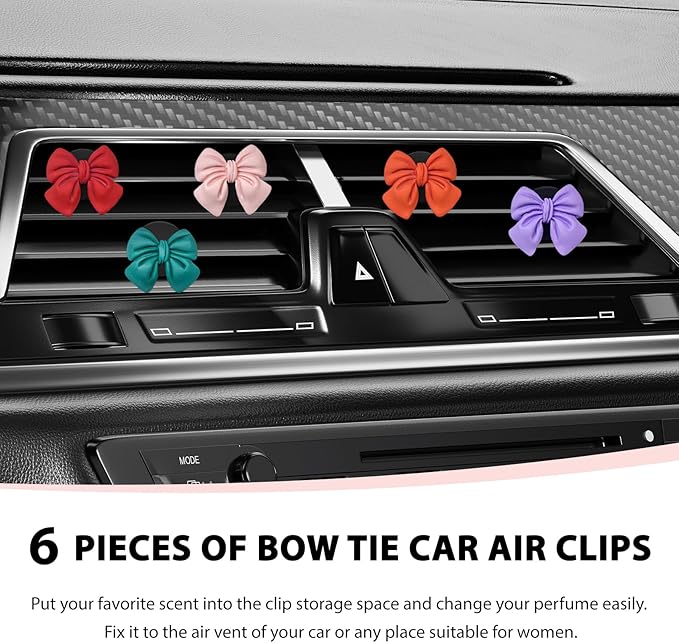 6 PCS Bow Car Air Freshener, Cute Bow Automotive Scent Air Fresheners Vent Clips, Coquette Vehicle Outlet Perfume Diffusers Interior Aesthetic Decorations for Women Girls (Multi-Color)