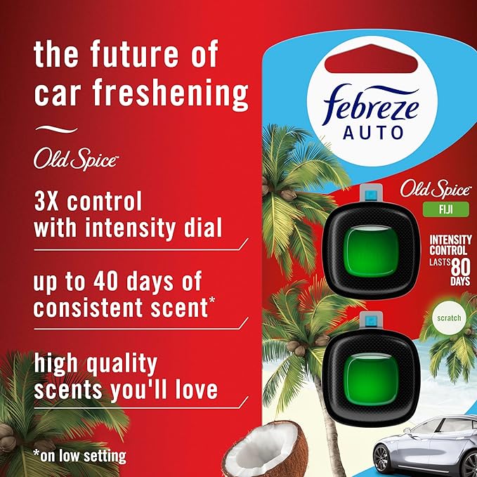 Febreze Car Air Freshener Vent Clip Old Spice Fiji Scent, .07 oz. Car Vent Clip, Pack of 4