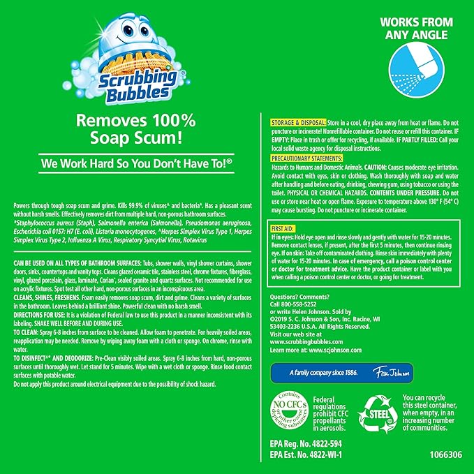 Scrubbing Bubbles Bathroom and Shower Cleaner Disinfectant Aerosol, Foaming Action Bathroom Grime Fighter, Rainshower Scent, 20oz