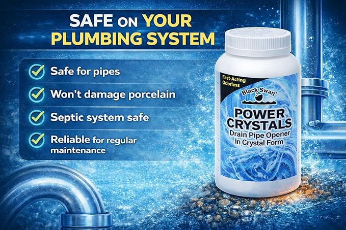 Black Swan 09177 Power Crystals Drain Opener, 32 oz - Heavy Duty Crystal Formula for Cleaning Clogged Drain Pipes Due to Grease, Food Scraps - Safe for Plumbing & Septic Systems